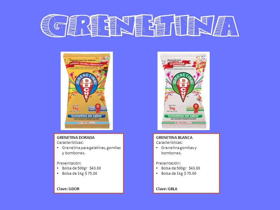 GRENETINA DORADA Características: Grenetina para gelatinas, gomitas y bombones. Presentación: Bolsa de 500gr $