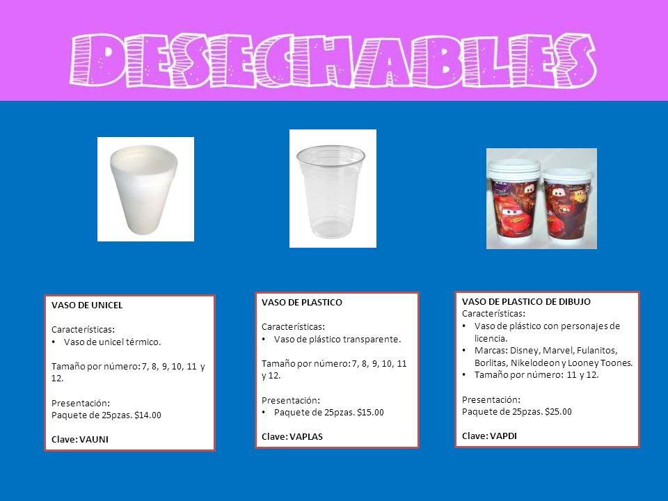 VASO DE UNICEL Características: Vaso de unicel térmico. Tamaño por número: 7, 8, 9, 10, 11 y 12. Presentación: