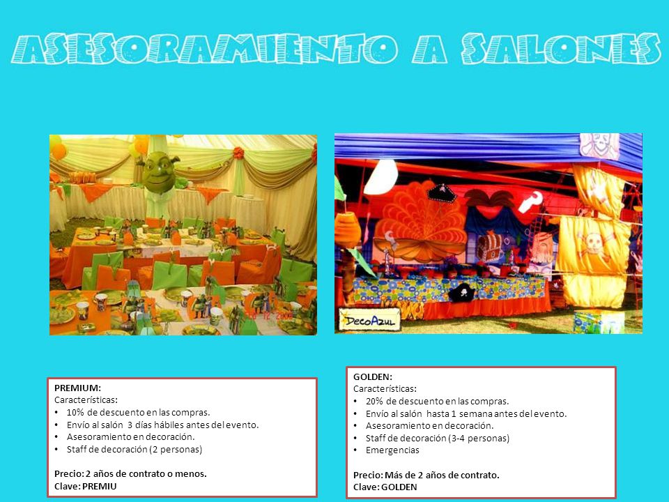 GOLDEN: Características: 20% de descuento en las compras. Envío al salón hasta 1 semana antes del evento.