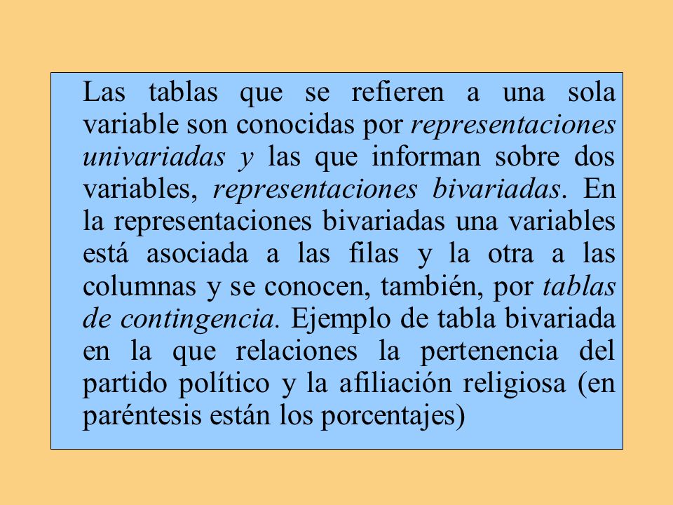 Las tablas que se refieren a una sola variable son conocidas por representaciones univariadas y las que informan sobre dos variables, representaciones bivariadas.