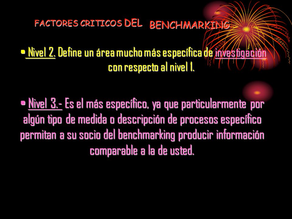 FACTORES CRITICOS DEL BENCHMARKING. Nivel 2. Define un área mucho más específica de investigación con respecto al nivel 1.