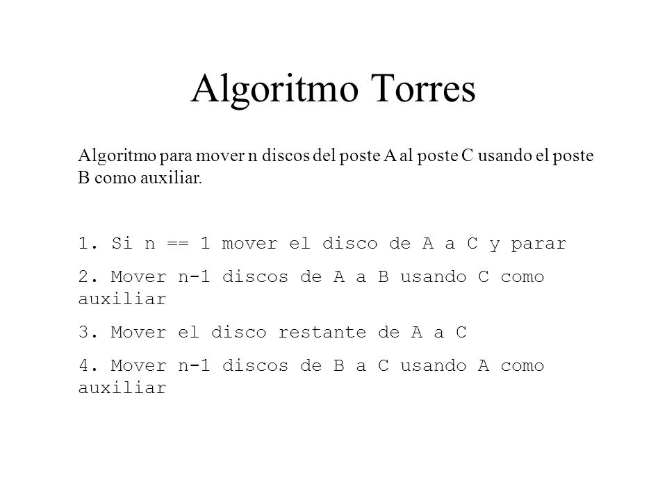Algoritmo Torres Algoritmo para mover n discos del poste A al poste C usando el poste B como auxiliar.