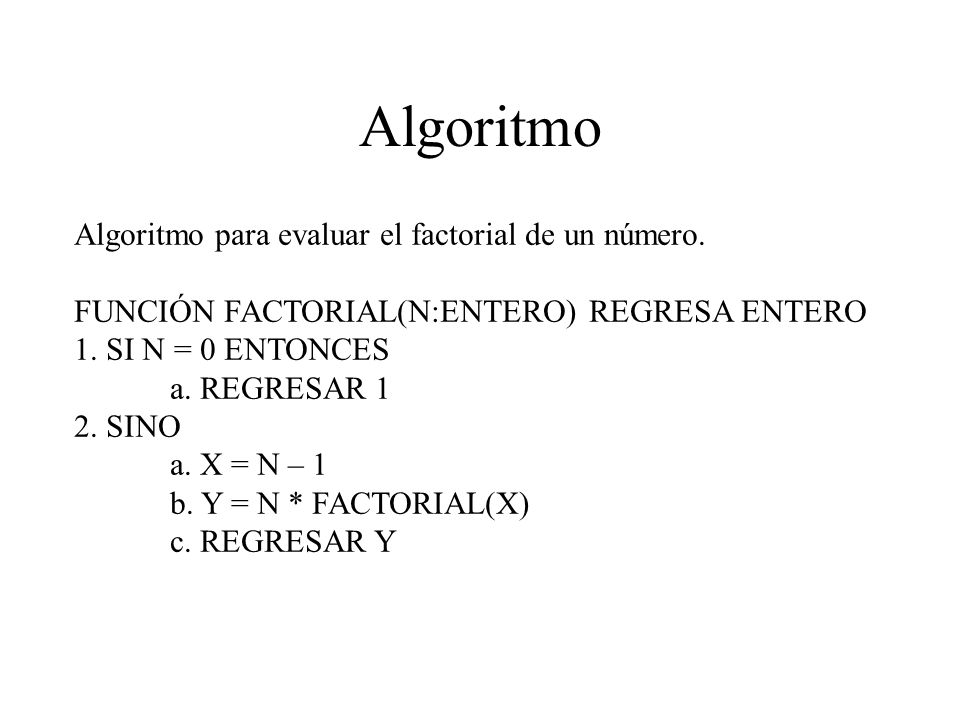 Algoritmo Algoritmo para evaluar el factorial de un número.