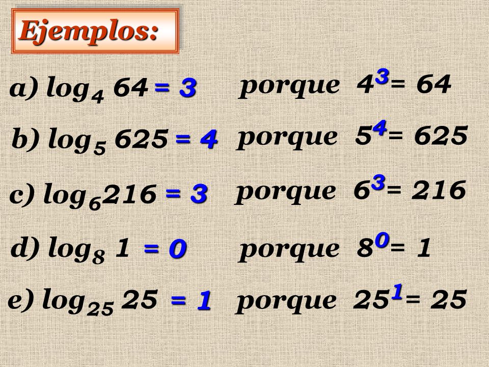 Ejemplos: porque 43= 64. a) log4 64. = 3. porque 54= 625. b) log = 4. porque 63= 216.