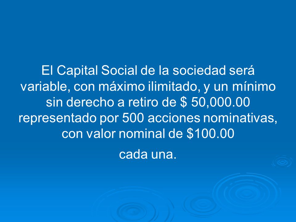 El Capital Social de la sociedad será variable, con máximo ilimitado, y un mínimo sin derecho a retiro de $ 50, representado por 500 acciones nominativas, con valor nominal de $ cada una.