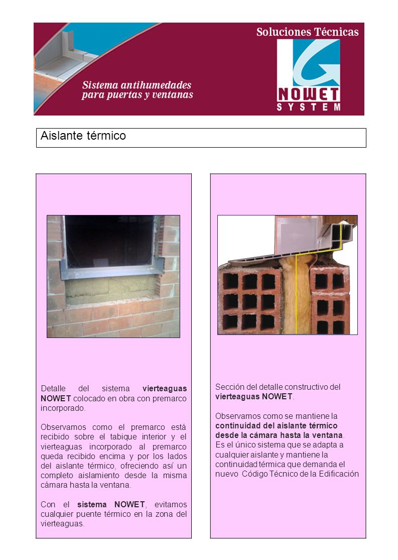 Aislante térmico Detalle del sistema vierteaguas NOWET colocado en obra con premarco incorporado.