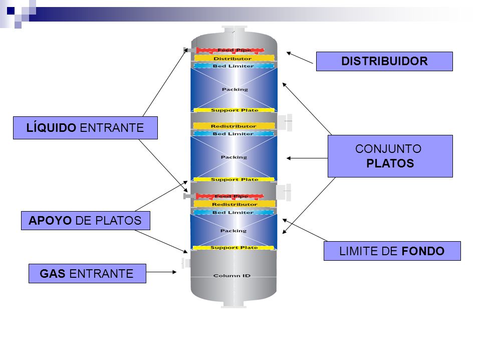 DISTRIBUIDOR LÍQUIDO ENTRANTE CONJUNTO PLATOS APOYO DE PLATOS LIMITE DE FONDO GAS ENTRANTE