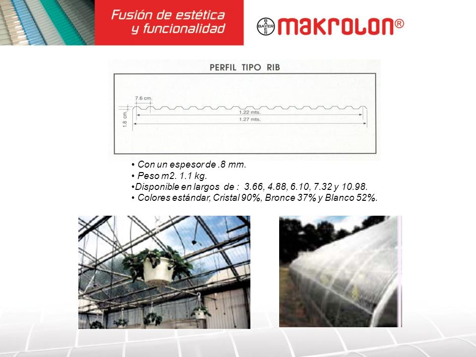 Con un espesor de .8 mm. Peso m kg. Disponible en largos de : 3.66, 4.88, 6.10, 7.32 y