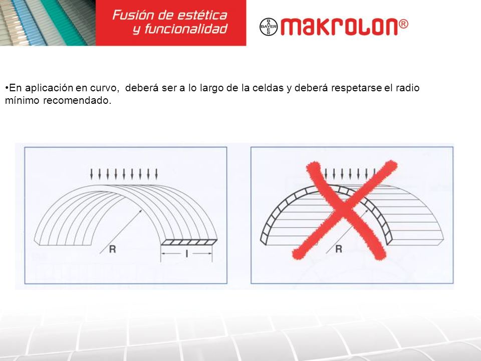 En aplicación en curvo, deberá ser a lo largo de la celdas y deberá respetarse el radio