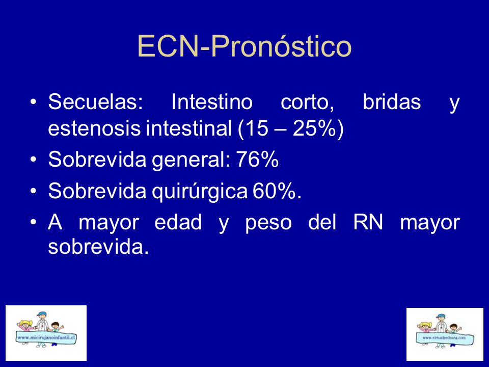 ECN-Pronóstico Secuelas: Intestino corto, bridas y estenosis intestinal (15 – 25%) Sobrevida general: 76%