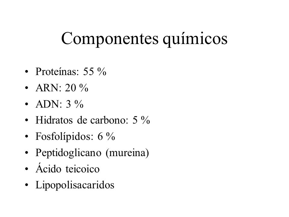 Componentes químicos Proteínas: 55 % ARN: 20 % ADN: 3 %