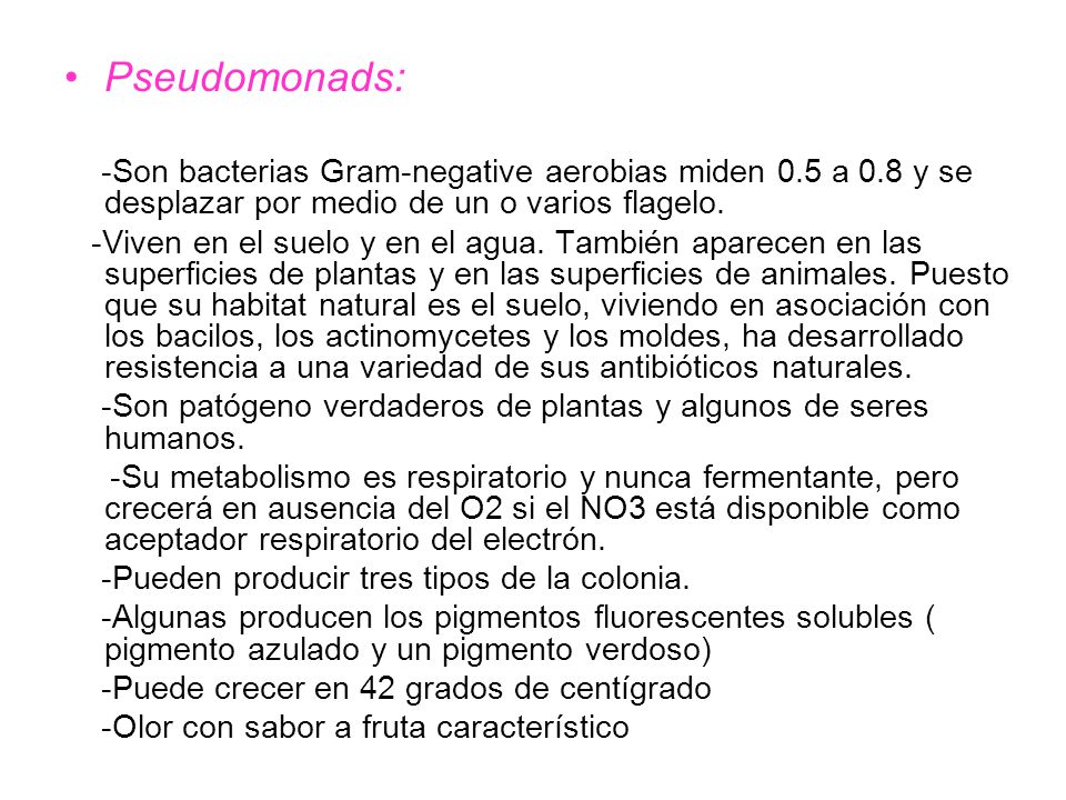 Pseudomonads: -Son bacterias Gram-negative aerobias miden 0.5 a 0.8 y se desplazar por medio de un o varios flagelo.