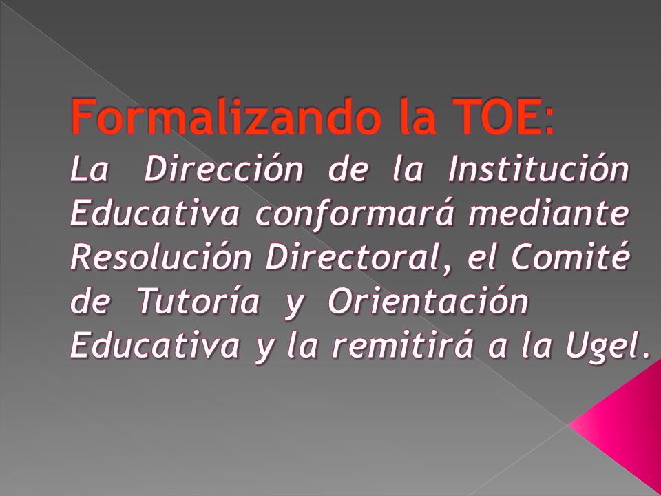 Formalizando la TOE: La Dirección de la Institución Educativa conformará mediante Resolución Directoral, el Comité de Tutoría y Orientación Educativa y la remitirá a la Ugel.