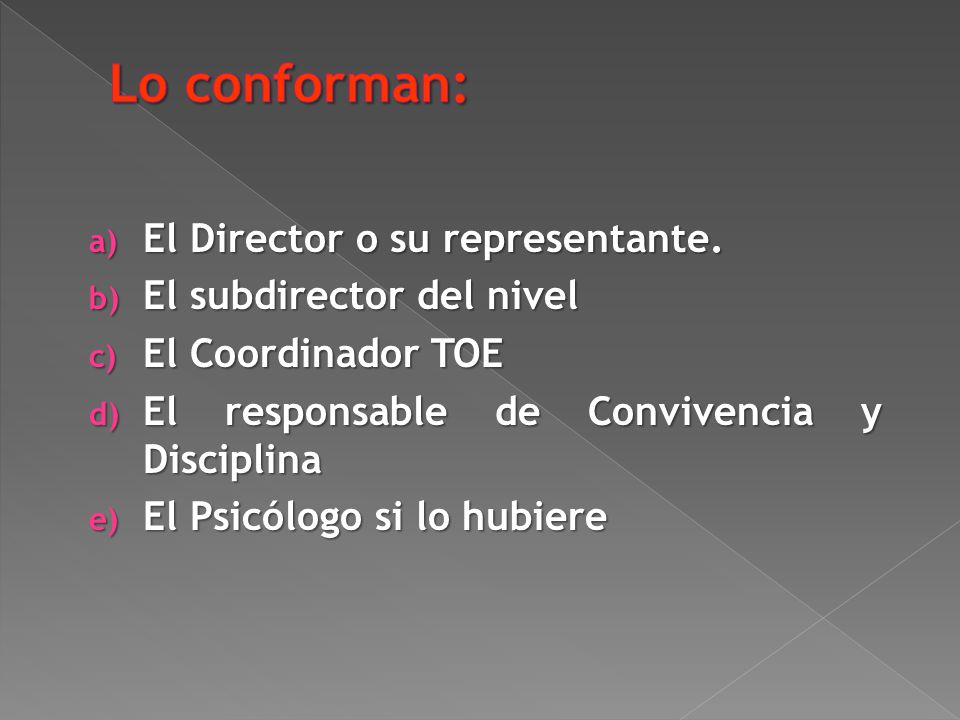 Lo conforman: El Director o su representante. El subdirector del nivel