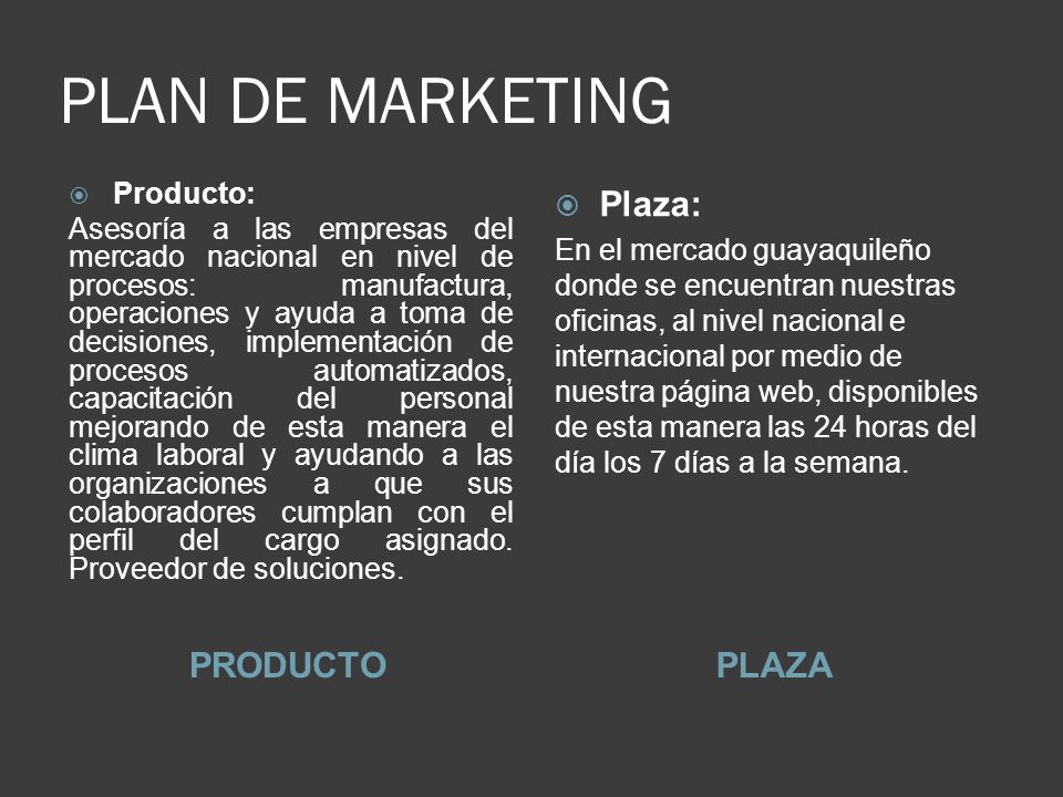 PLAN DE MARKETING Plaza: PRODUCTO PLAZA Producto: