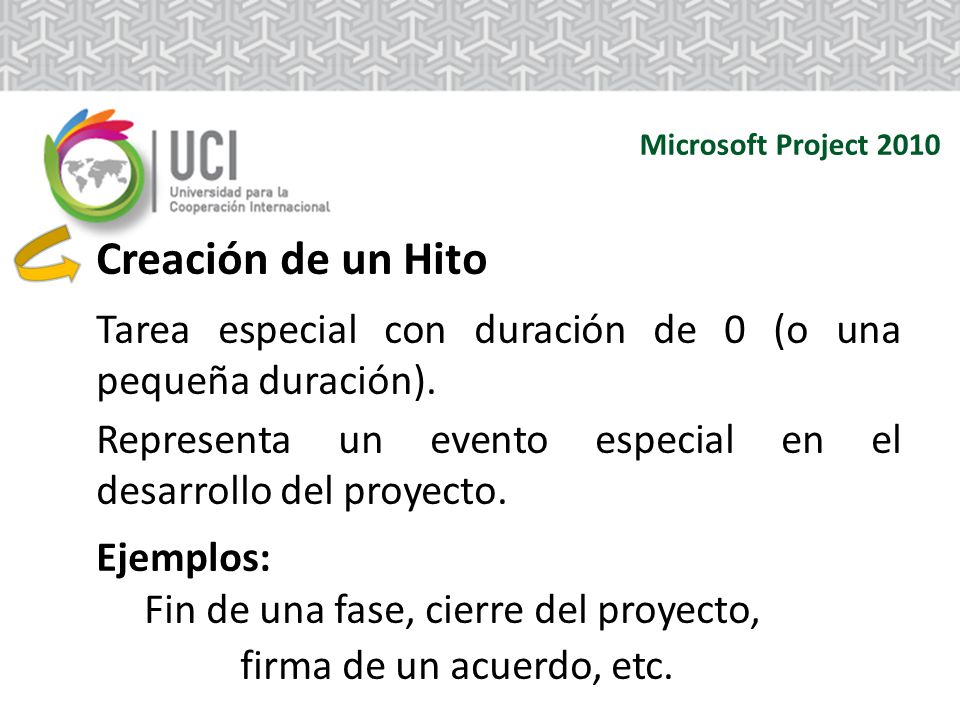 Microsoft Project 2010 Creación de un Hito. Tarea especial con duración de 0 (o una pequeña duración).