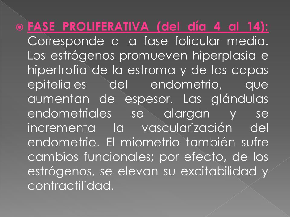 FASE PROLIFERATIVA (del día 4 al 14): Corresponde a la fase folicular media.
