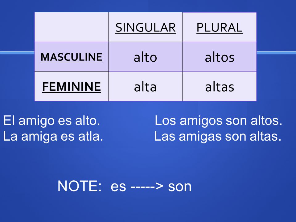 alto altos alta altas NOTE: es -----> son SINGULAR PLURAL FEMININE