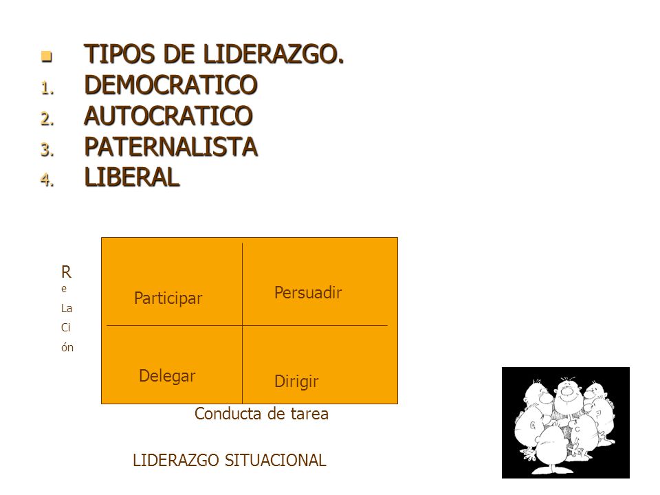 TIPOS DE LIDERAZGO. DEMOCRATICO AUTOCRATICO PATERNALISTA LIBERAL Re