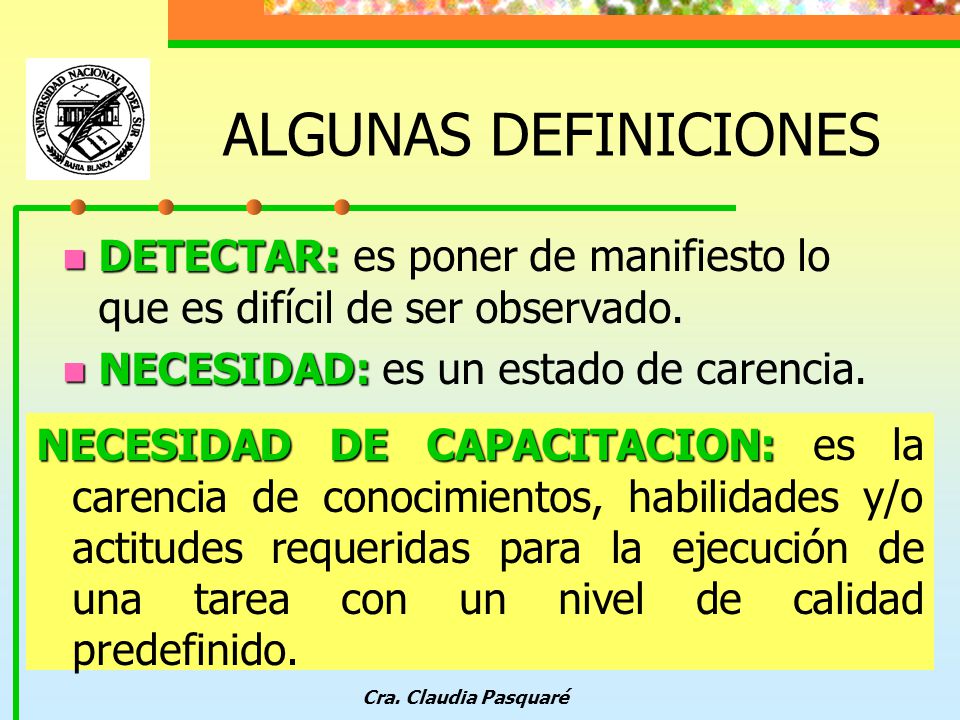 ALGUNAS DEFINICIONES DETECTAR: es poner de manifiesto lo que es difícil de ser observado. NECESIDAD: es un estado de carencia.