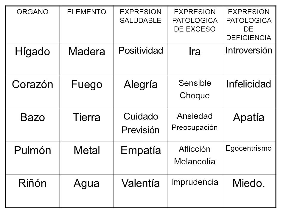 Hígado Madera Ira Corazón Fuego Alegría Bazo Tierra Apatía Pulmón