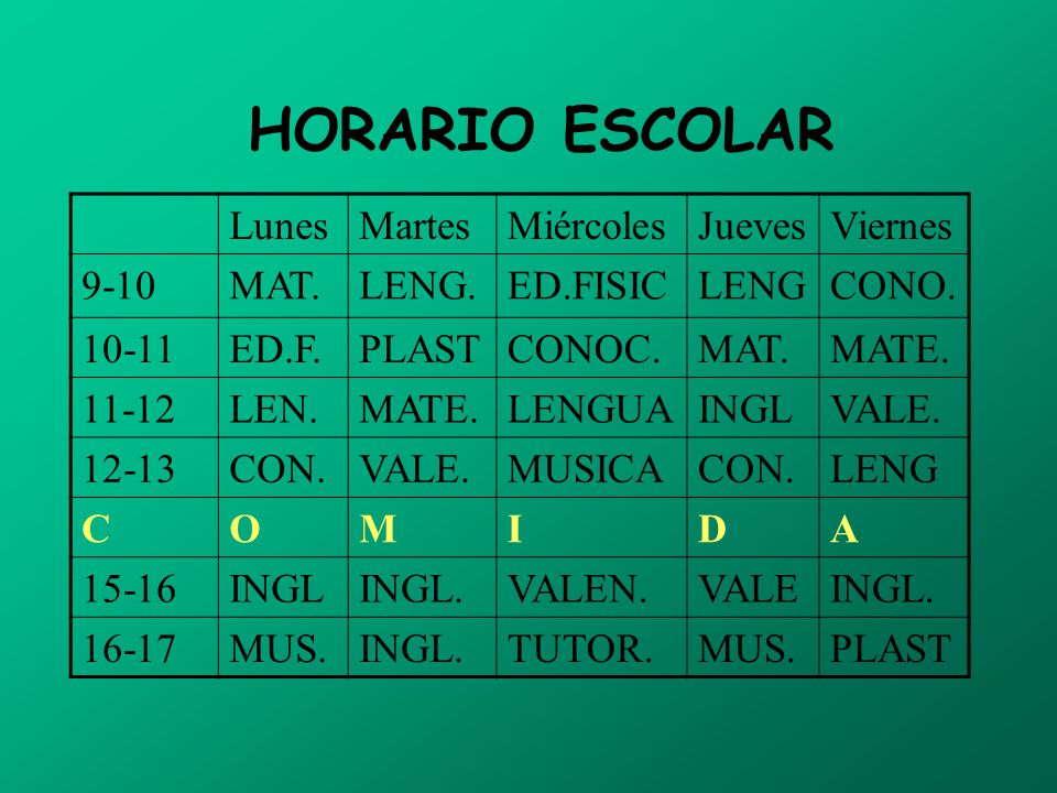 HORARIO ESCOLAR Lunes Martes Miércoles Jueves Viernes 9-10 MAT. LENG.