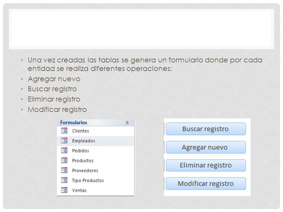 Una vez creadas las tablas se genera un formulario donde por cada entidad se realiza diferentes operaciones: