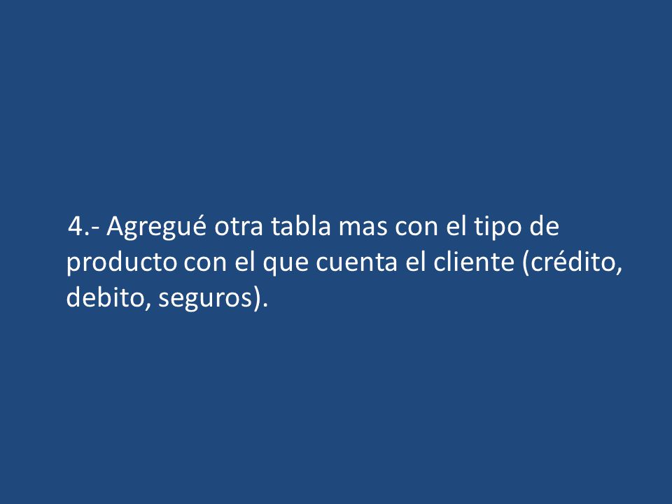 4.- Agregué otra tabla mas con el tipo de producto con el que cuenta el cliente (crédito, debito, seguros).