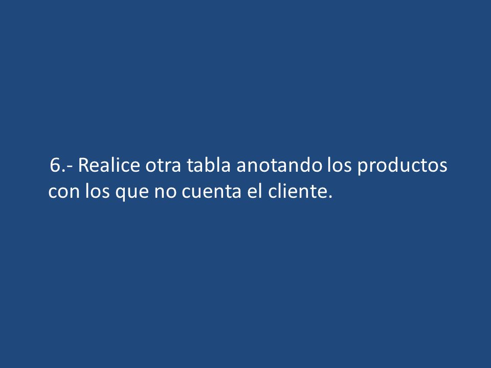 6.- Realice otra tabla anotando los productos con los que no cuenta el cliente.