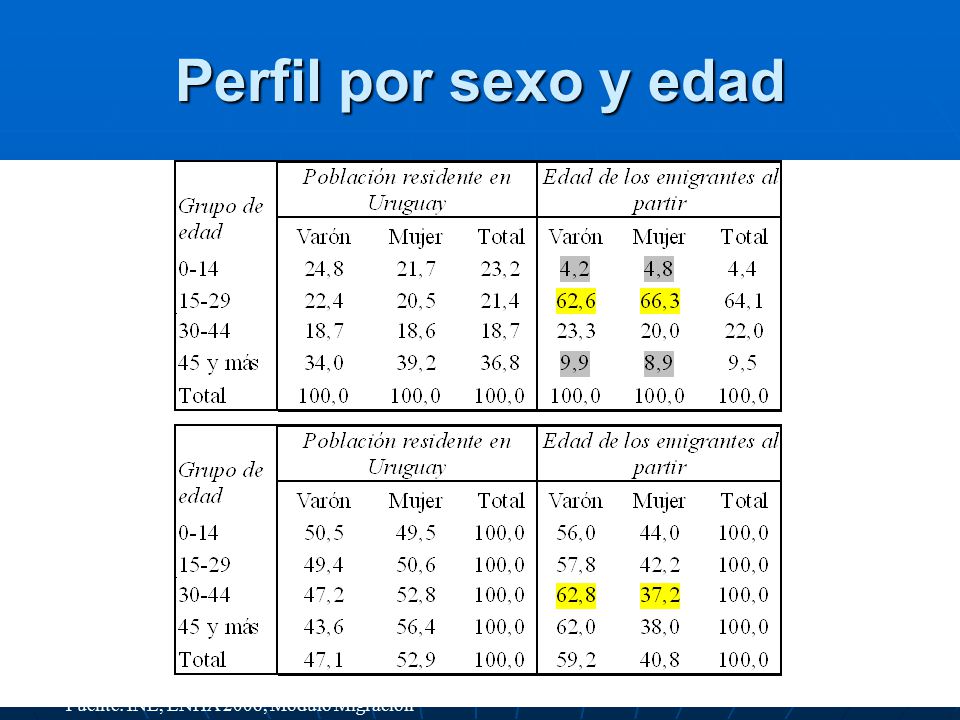 Perfil por sexo y edad Fuente: INE, ENHA 2006, Módulo Migración