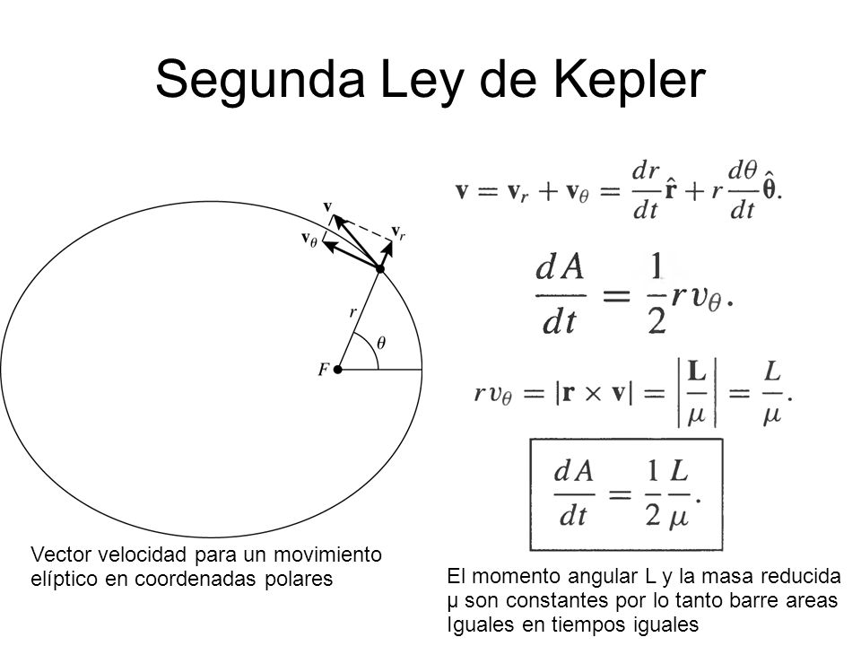 Segunda Ley de Kepler Vector velocidad para un movimiento elíptico en coordenadas polares. El momento angular L y la masa reducida.