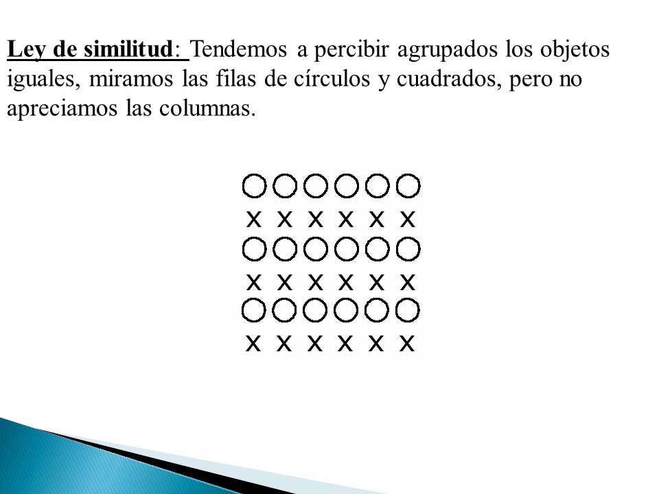 Ley de similitud: Tendemos a percibir agrupados los objetos iguales, miramos las filas de círculos y cuadrados, pero no apreciamos las columnas.