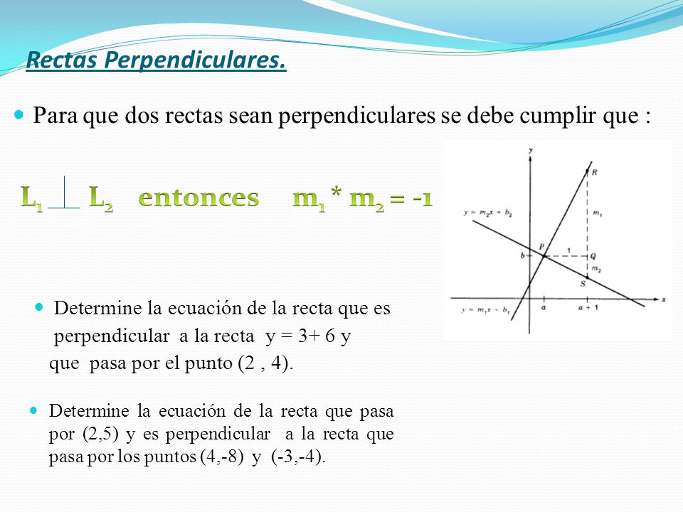 L1 L2 entonces m1 * m2 = -1 Rectas Perpendiculares.