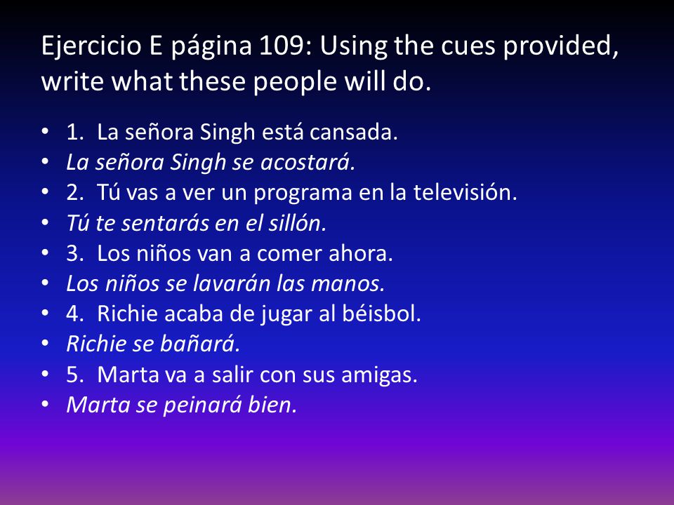 Ejercicio E página 109: Using the cues provided, write what these people will do.