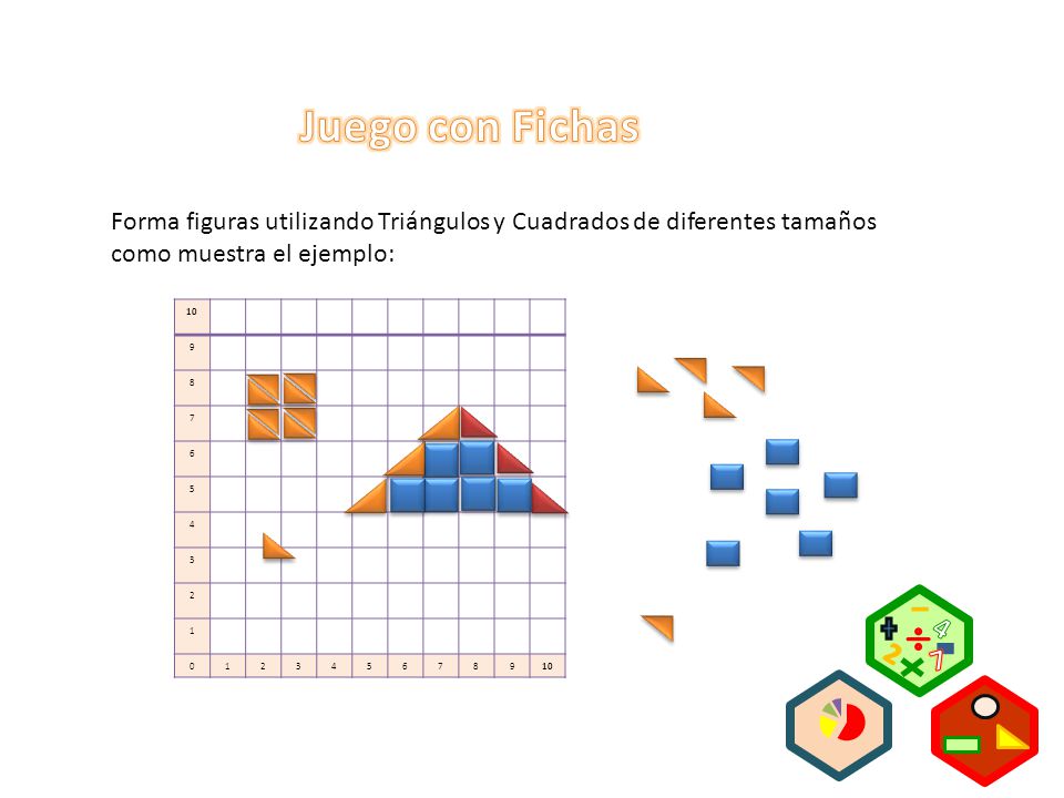 Juego con Fichas Forma figuras utilizando Triángulos y Cuadrados de diferentes tamaños como muestra el ejemplo:
