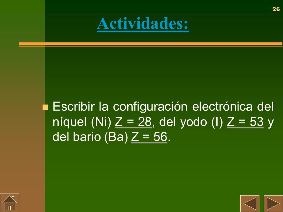 Actividades: Escribir la configuración electrónica del níquel (Ni) Z = 28, del yodo (I) Z = 53 y del bario (Ba) Z = 56.