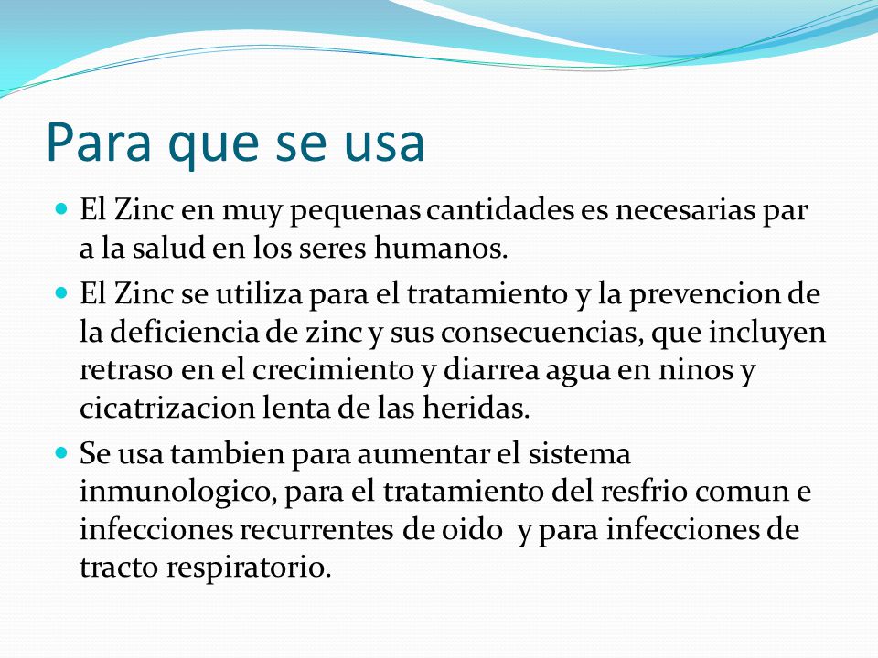 Para que se usa El Zinc en muy pequenas cantidades es necesarias par a la salud en los seres humanos.