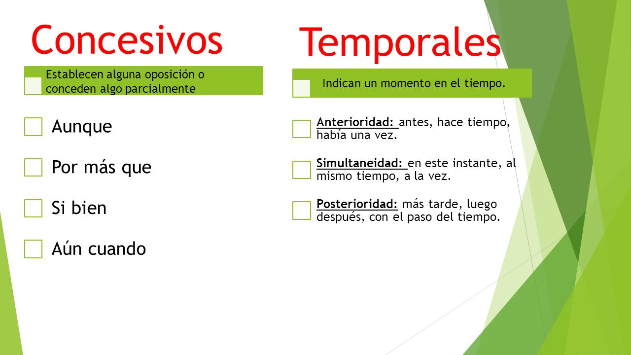 Temporales Concesivos Aunque Por más que Si bien Aún cuando