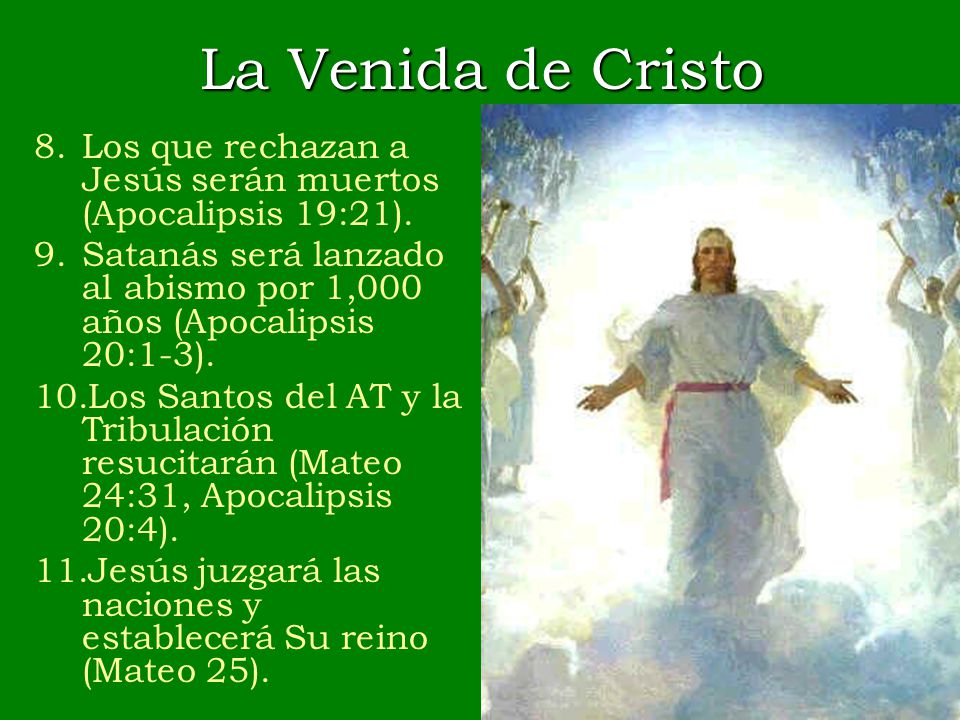 La Venida de Cristo Los que rechazan a Jesús serán muertos (Apocalipsis 19:21). Satanás será lanzado al abismo por 1,000 años (Apocalipsis 20:1-3).