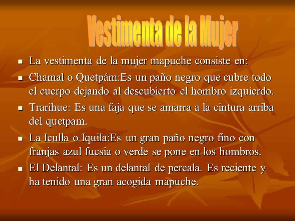 Vestimenta de la Mujer La vestimenta de la mujer mapuche consiste en: