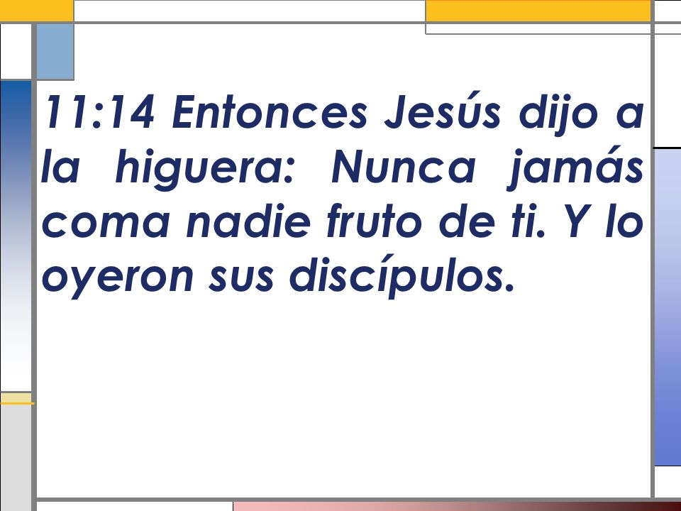11:14 Entonces Jesús dijo a la higuera: Nunca jamás coma nadie fruto de ti.