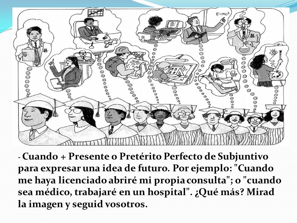 - Cuando + Presente o Pretérito Perfecto de Subjuntivo para expresar una idea de futuro.