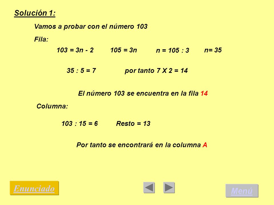 Enunciado Menú Solución 1: Vamos a probar con el número 103 Fila: