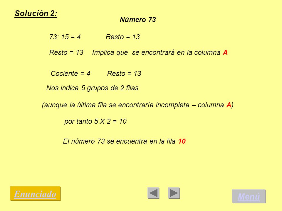 Enunciado Menú Solución 2: Número 73 73: 15 = 4 Resto = 13 Resto = 13
