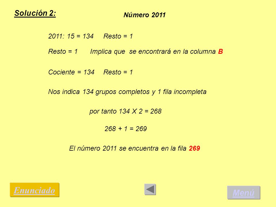 Enunciado Menú Solución 2: Número : 15 = 134 Resto = 1