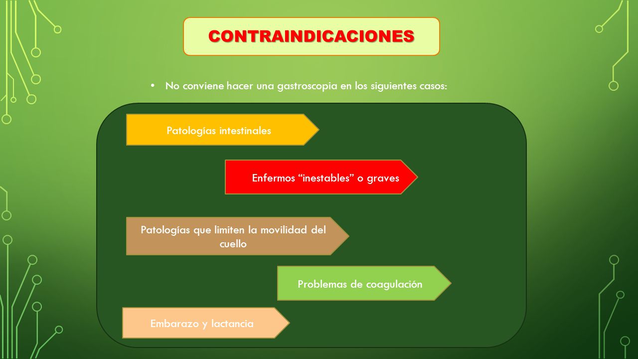 CONTRAINDICACIONES No conviene hacer una gastroscopia en los siguientes casos: Patologías intestinales.