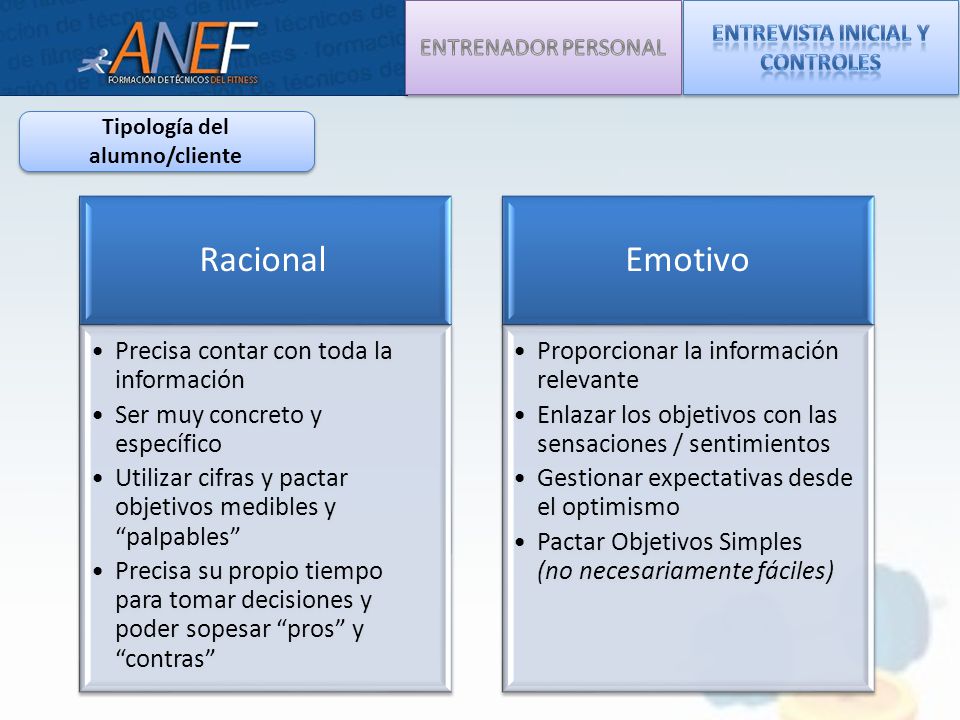 ENTREVISTA INICIAL Y CONTROLES Tipología del alumno/cliente