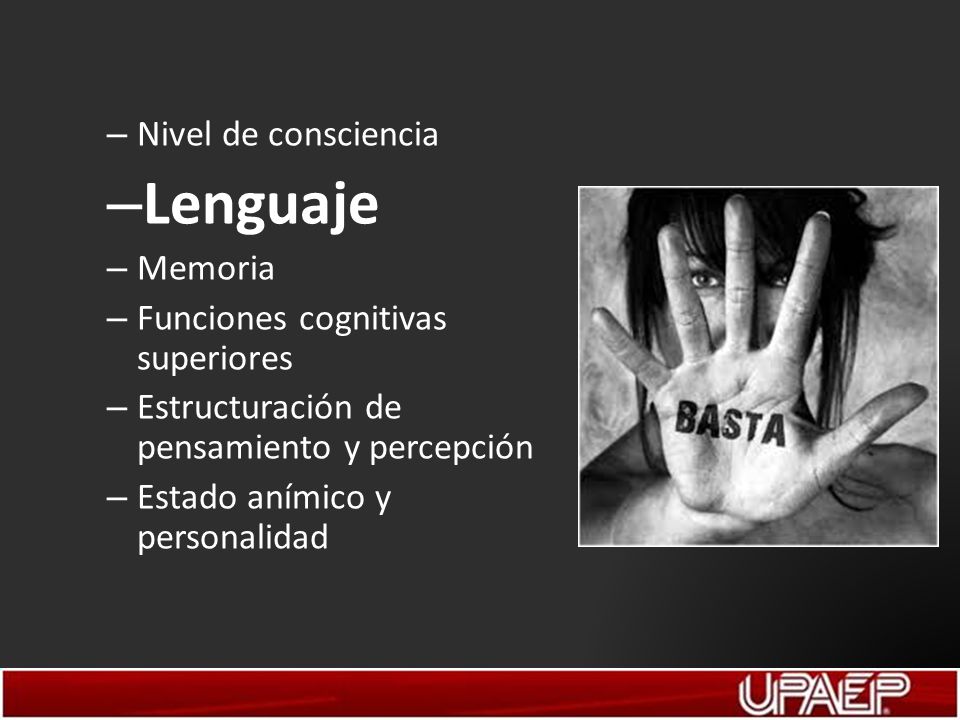Lenguaje Nivel de consciencia Memoria Funciones cognitivas superiores