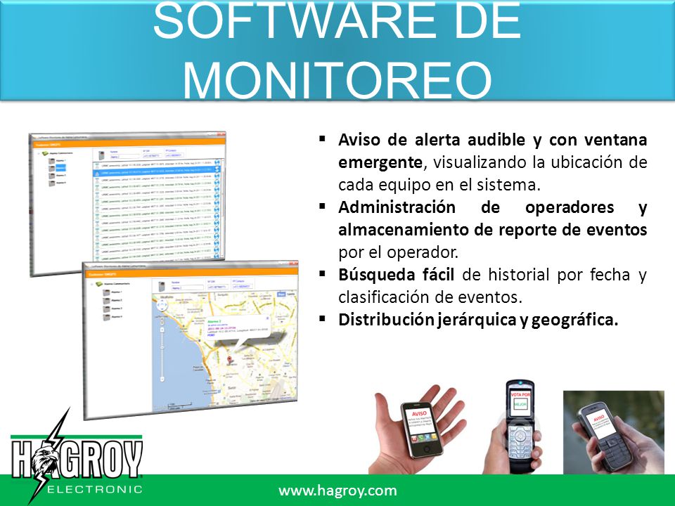 SOFTWARE DE MONITOREO Aviso de alerta audible y con ventana emergente, visualizando la ubicación de cada equipo en el sistema.