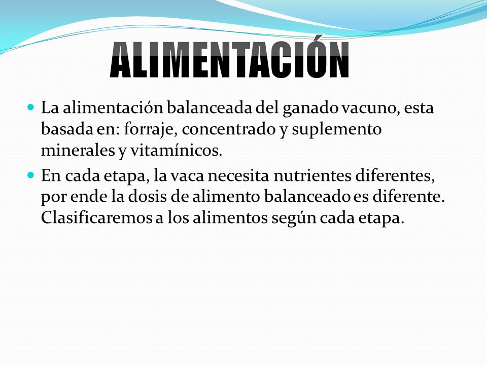 ALIMENTACIÓN La alimentación balanceada del ganado vacuno, esta basada en: forraje, concentrado y suplemento minerales y vitamínicos.